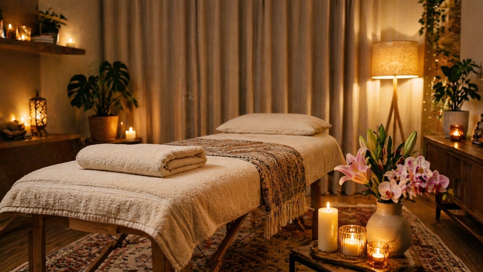Ambiente intimo per massaggio tantra yoni a domicilio a Milano con luci calde e atmosfera rilassante
